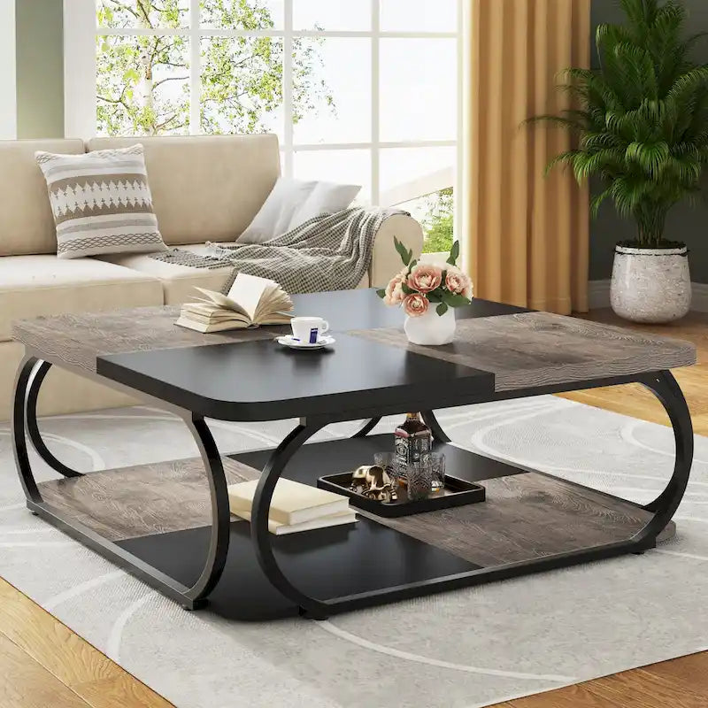 Table basse carrée à 2 niveaux avec étagère de rangement, table basse rustique en bois de 39 pouces pour salon moderne