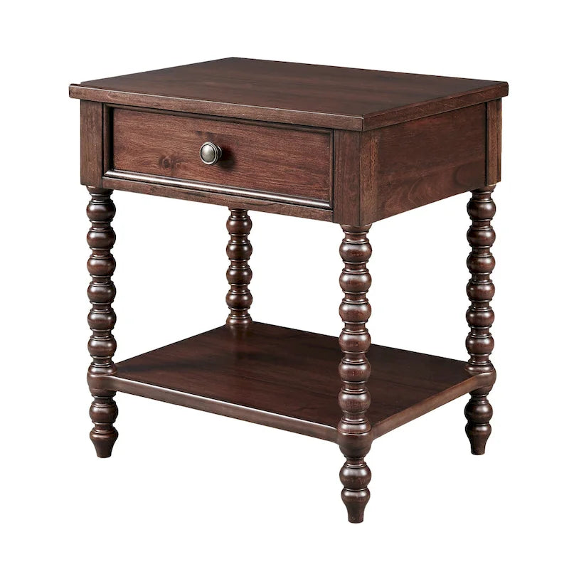 Table de chevet à montant tourné en bois avec tiroir et étagère