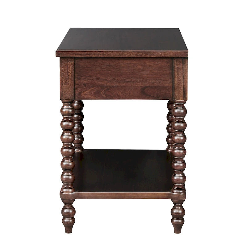 Table de chevet à montant tourné en bois avec tiroir et étagère