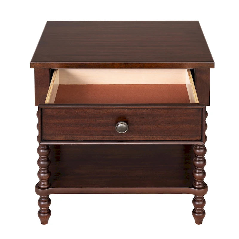 Table de chevet à montant tourné en bois avec tiroir et étagère