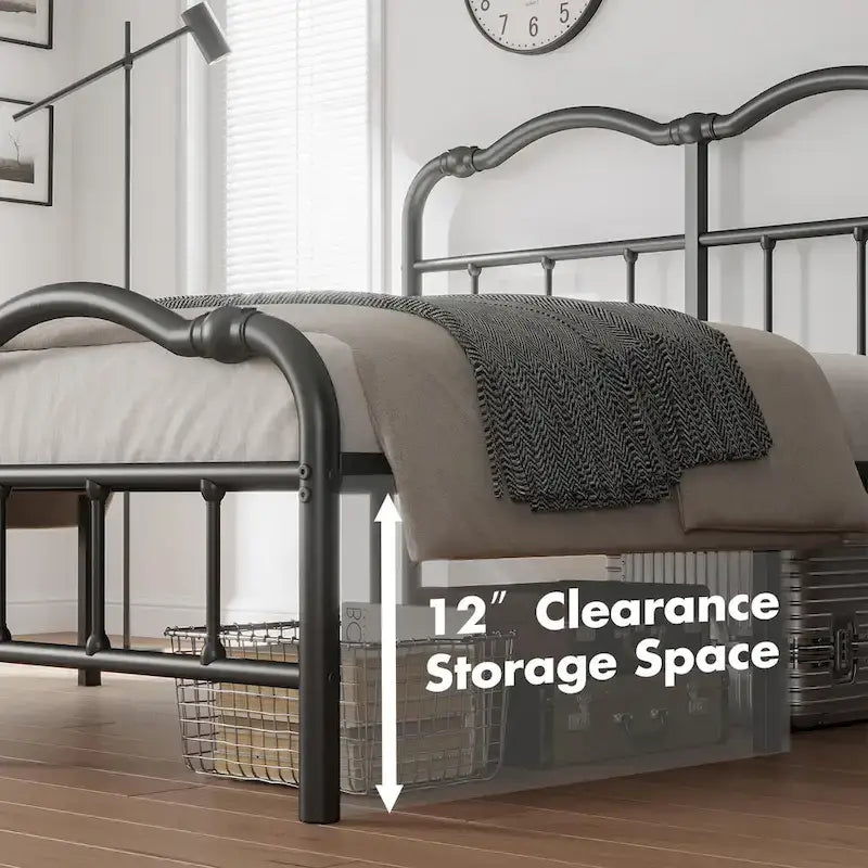 Estructura de cama metálica resistente de 14 de alto, de estilo vintage, soporta hasta 2500lbs, fácil de montar y sin chirridos