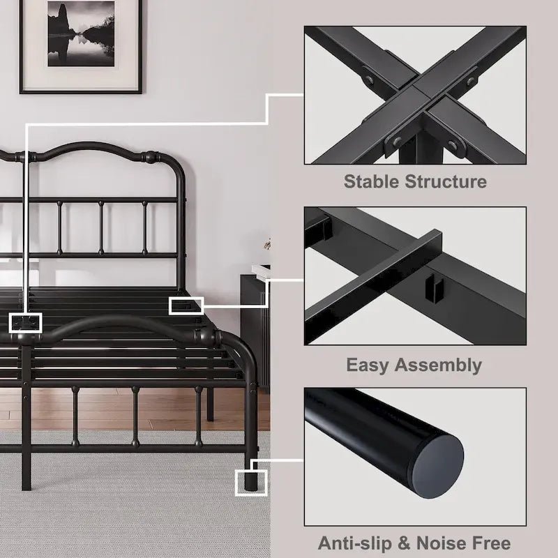 Estructura de cama metálica resistente de 14 de alto, de estilo vintage, soporta hasta 2500lbs, fácil de montar y sin chirridos