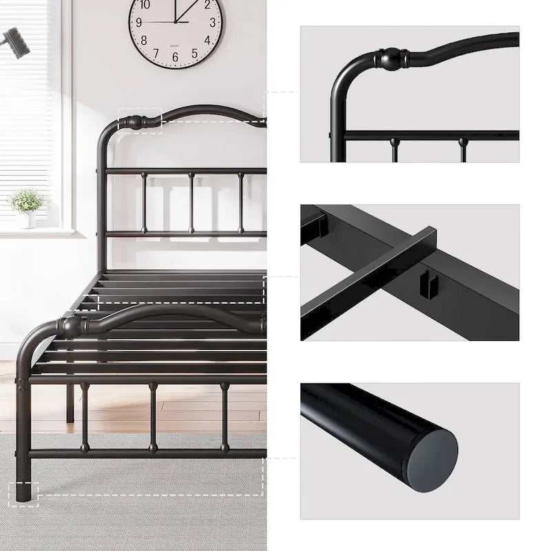 Estructura de cama metálica resistente de 14 de alto, de estilo vintage, soporta hasta 2500lbs, fácil de montar y sin chirridos