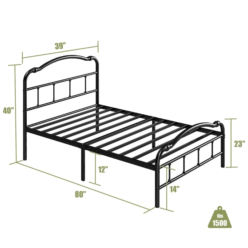 Estructura de cama metálica resistente de 14 de alto, de estilo vintage, soporta hasta 2500lbs, fácil de montar y sin chirridos