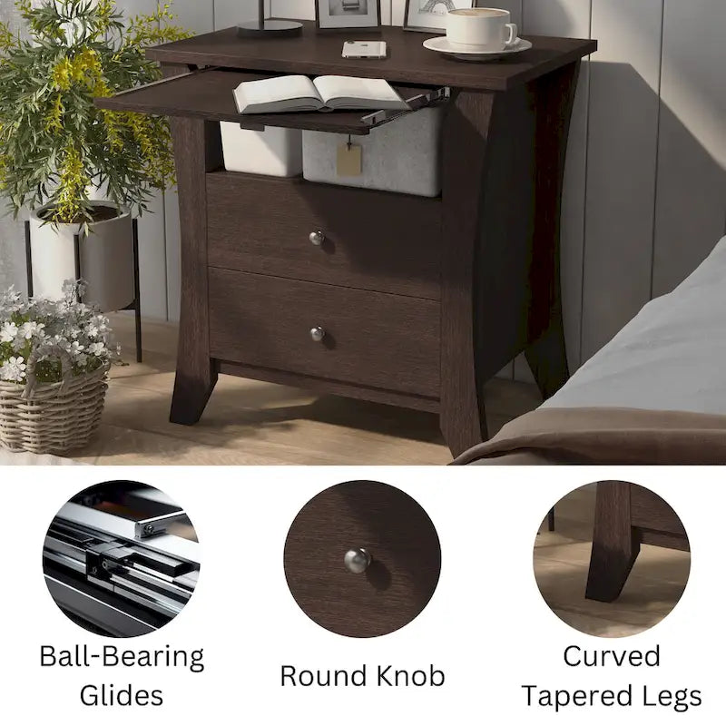 Mesa de noche de madera de estilo transicional con 2 cajones y estante
