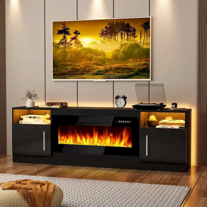 Meuble TV pour cheminée de 70 avec foyer électrique de 36, pour téléviseurs jusqu’à 80, éclairage LED à 16 couleurs/centre de divertissement