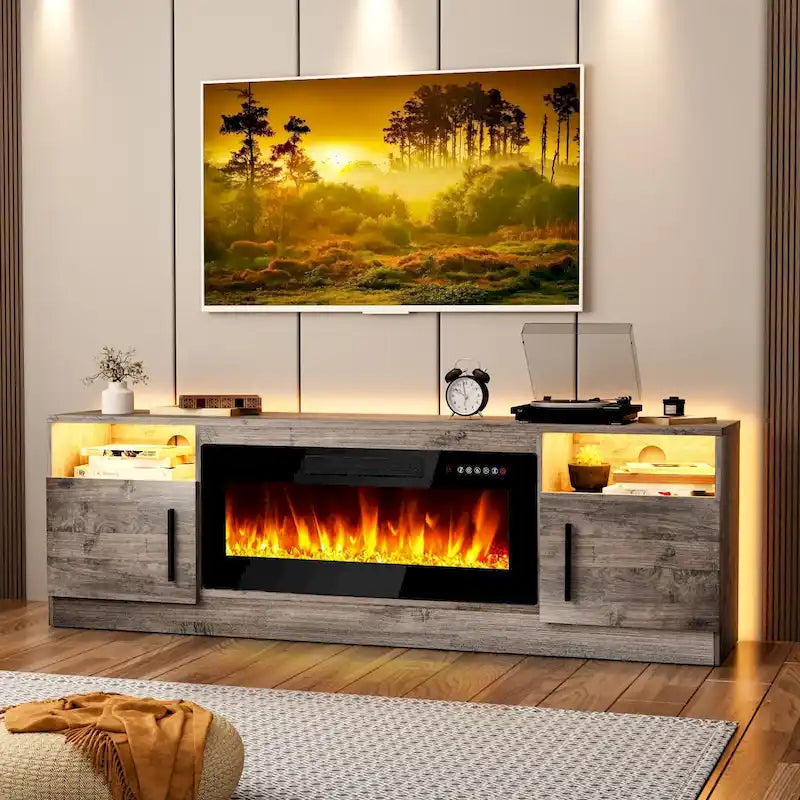 70-Zoll-TV-Ständer mit Kamin und 36-Zoll-Elektrokamin, für Fernseher bis 80 Zoll, LED-Beleuchtung in 16 Farben/Entertainment-Center
