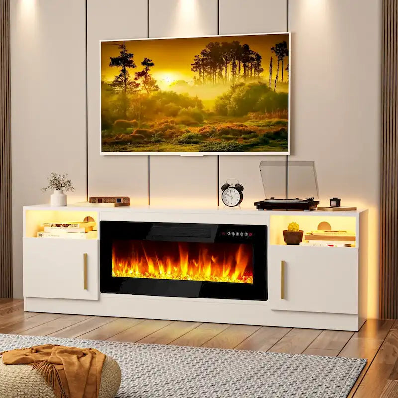 Meuble TV pour cheminée de 70 avec foyer électrique de 36, pour téléviseurs jusqu’à 80, éclairage LED à 16 couleurs/centre de divertissement