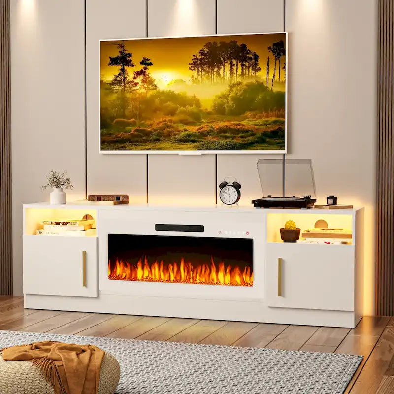 Meuble TV pour cheminée de 70 avec foyer électrique de 36, pour téléviseurs jusqu’à 80, éclairage LED à 16 couleurs/centre de divertissement