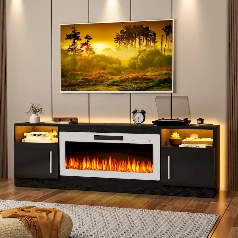 Meuble TV pour cheminée de 70 avec foyer électrique de 36, pour téléviseurs jusqu’à 80, éclairage LED à 16 couleurs/centre de divertissement
