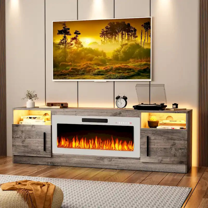 Meuble TV pour cheminée de 70 avec foyer électrique de 36, pour téléviseurs jusqu’à 80, éclairage LED à 16 couleurs/centre de divertissement