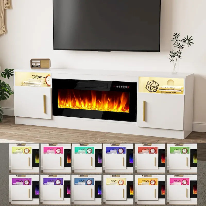 Meuble TV pour cheminée de 70 avec foyer électrique de 36, pour téléviseurs jusqu’à 80, éclairage LED à 16 couleurs/centre de divertissement