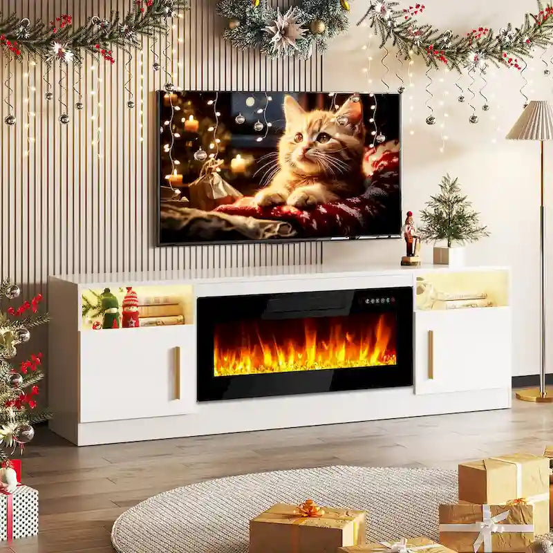 Meuble TV pour cheminée de 70 avec foyer électrique de 36, pour téléviseurs jusqu’à 80, éclairage LED à 16 couleurs/centre de divertissement