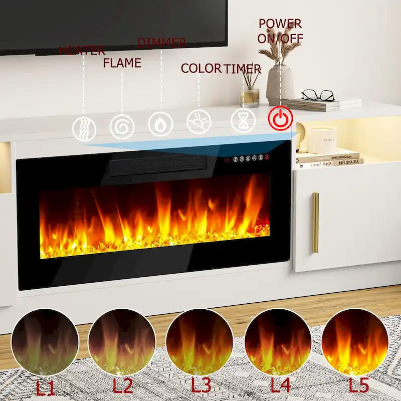 Meuble TV pour cheminée de 70 avec foyer électrique de 36, pour téléviseurs jusqu’à 80, éclairage LED à 16 couleurs/centre de divertissement