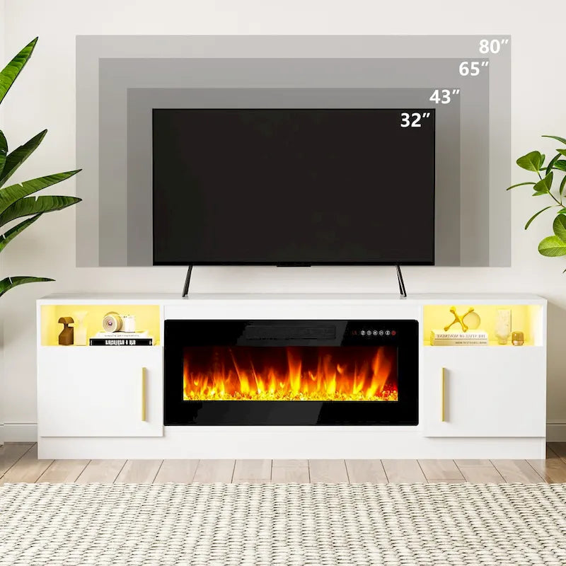 Meuble TV pour cheminée de 70 avec foyer électrique de 36, pour téléviseurs jusqu’à 80, éclairage LED à 16 couleurs/centre de divertissement
