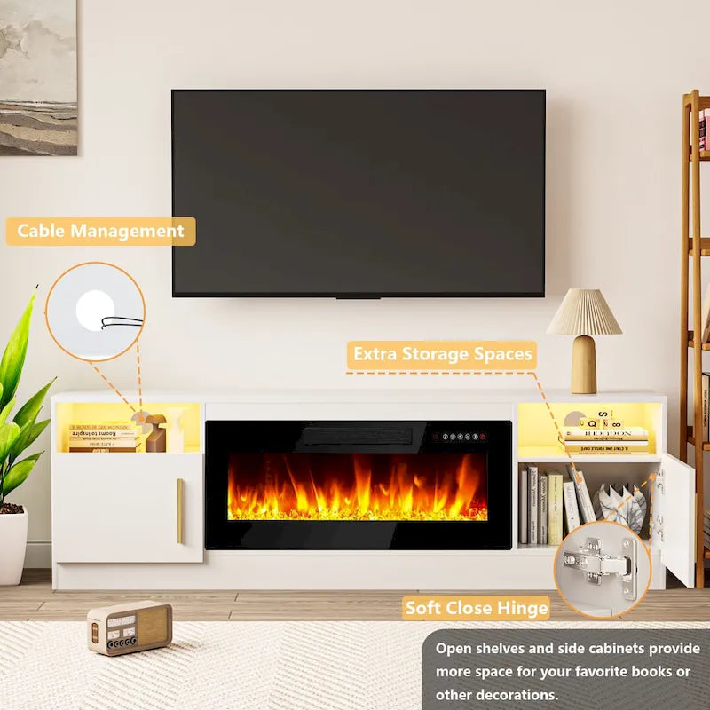 Meuble TV pour cheminée de 70 avec foyer électrique de 36, pour téléviseurs jusqu’à 80, éclairage LED à 16 couleurs/centre de divertissement