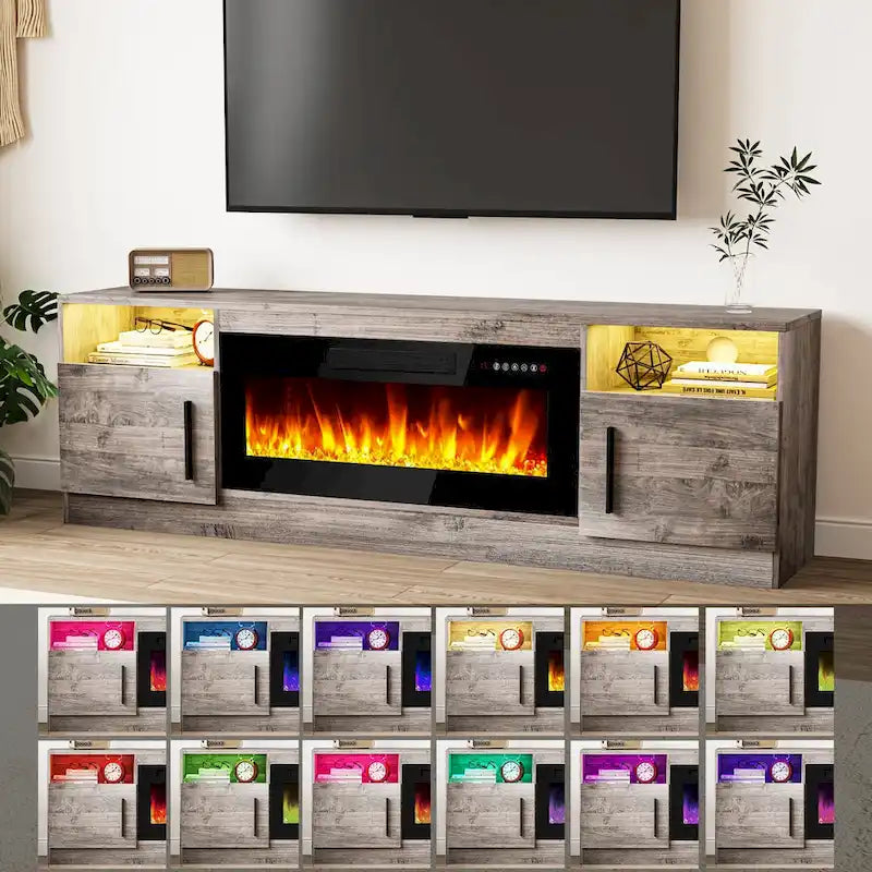 Meuble TV pour cheminée de 70 avec foyer électrique de 36, pour téléviseurs jusqu’à 80, éclairage LED à 16 couleurs/centre de divertissement