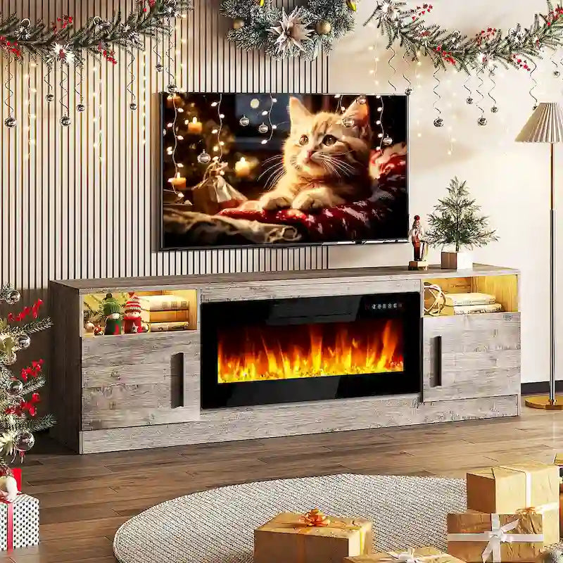 Meuble TV pour cheminée de 70 avec foyer électrique de 36, pour téléviseurs jusqu’à 80, éclairage LED à 16 couleurs/centre de divertissement