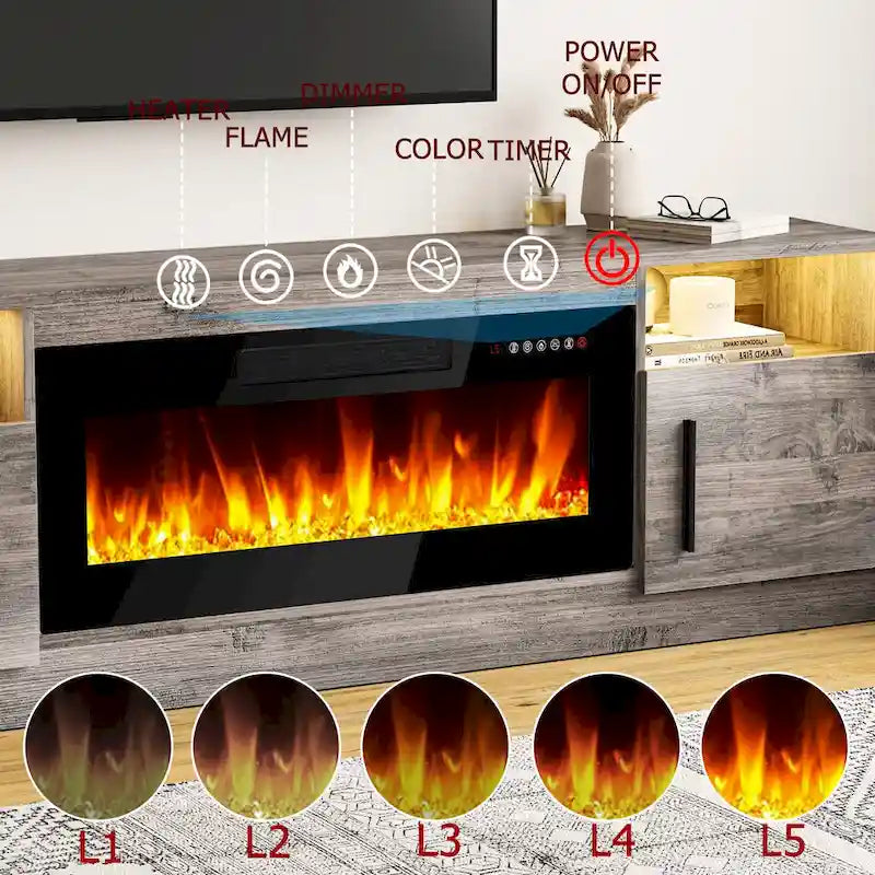 Meuble TV pour cheminée de 70 avec foyer électrique de 36, pour téléviseurs jusqu’à 80, éclairage LED à 16 couleurs/centre de divertissement