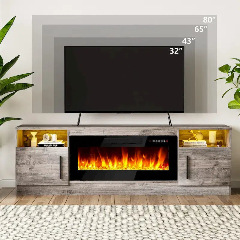Meuble TV pour cheminée de 70 avec foyer électrique de 36, pour téléviseurs jusqu’à 80, éclairage LED à 16 couleurs/centre de divertissement