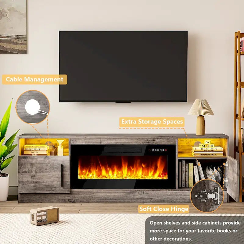Meuble TV pour cheminée de 70 avec foyer électrique de 36, pour téléviseurs jusqu’à 80, éclairage LED à 16 couleurs/centre de divertissement