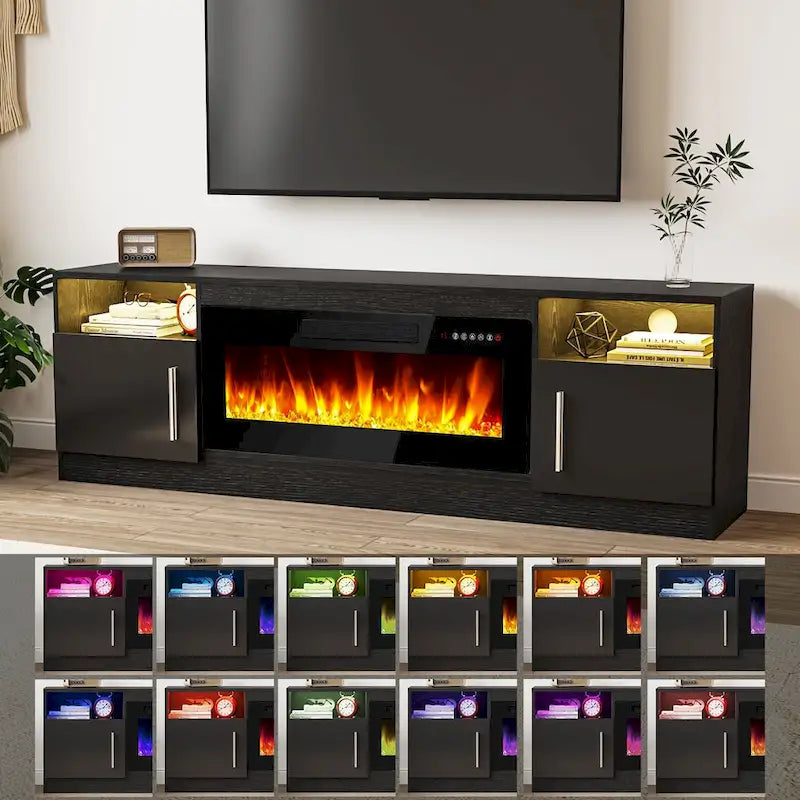 Meuble TV pour cheminée de 70 avec foyer électrique de 36, pour téléviseurs jusqu’à 80, éclairage LED à 16 couleurs/centre de divertissement