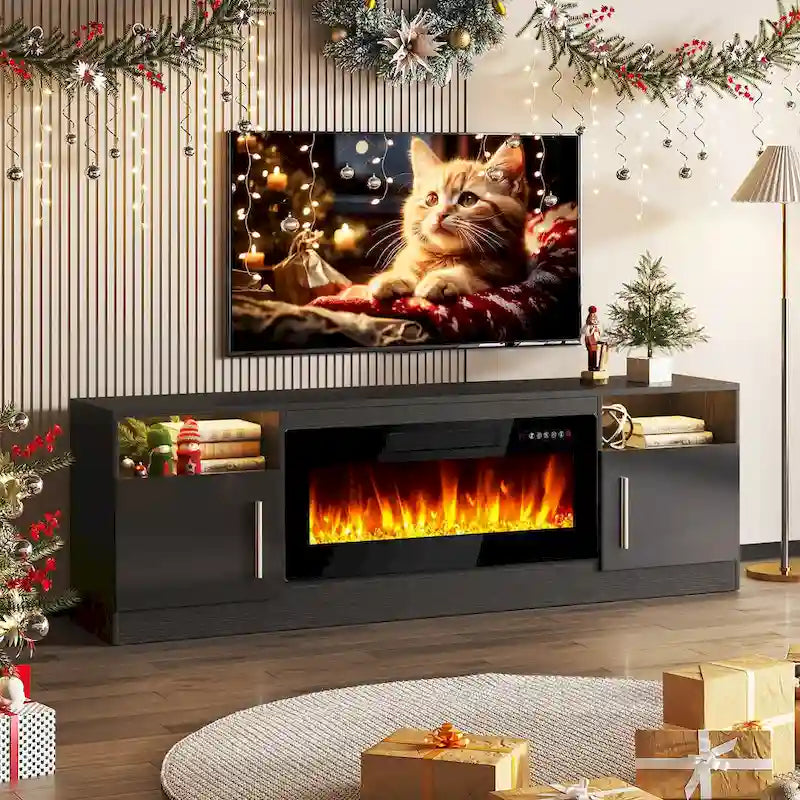 Meuble TV pour cheminée de 70 avec foyer électrique de 36, pour téléviseurs jusqu’à 80, éclairage LED à 16 couleurs/centre de divertissement