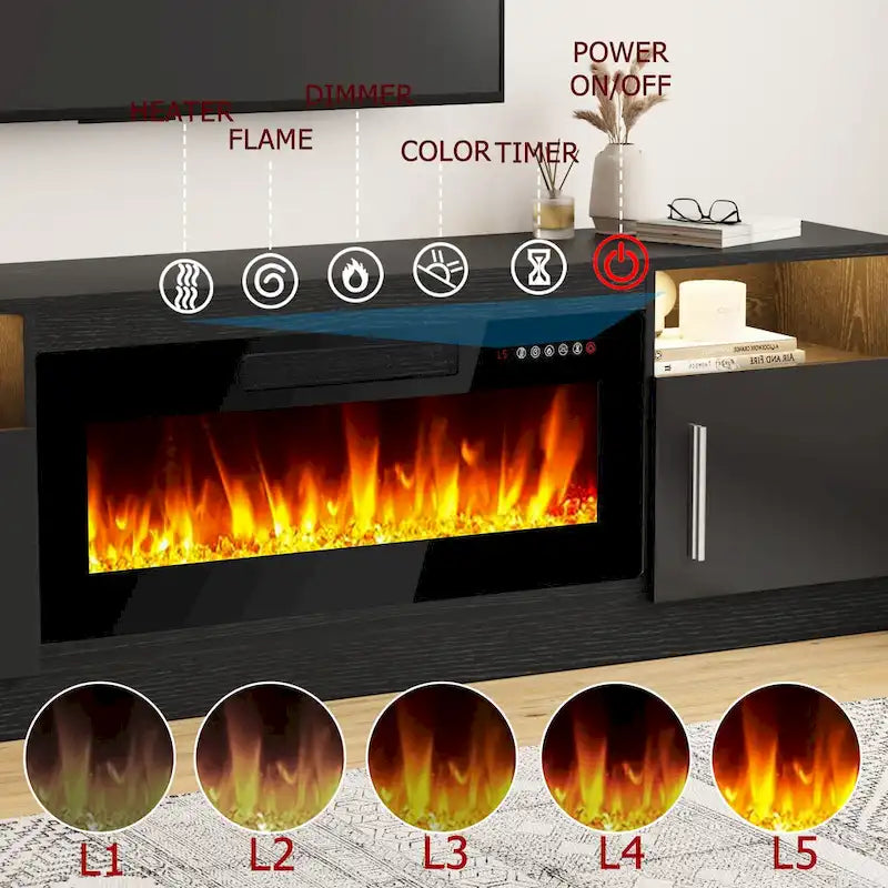 Meuble TV pour cheminée de 70 avec foyer électrique de 36, pour téléviseurs jusqu’à 80, éclairage LED à 16 couleurs/centre de divertissement