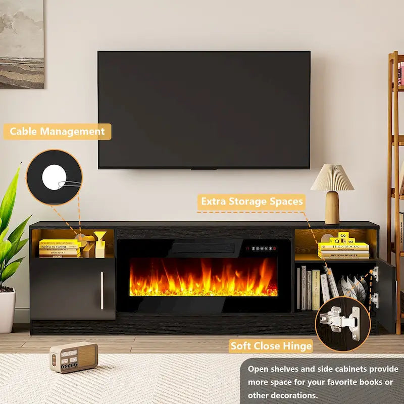 Meuble TV pour cheminée de 70 avec foyer électrique de 36, pour téléviseurs jusqu’à 80, éclairage LED à 16 couleurs/centre de divertissement