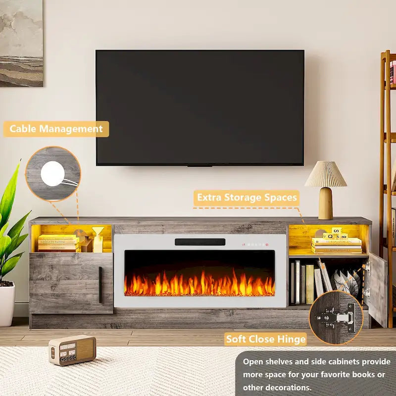 Meuble TV pour cheminée de 70 avec foyer électrique de 36, pour téléviseurs jusqu’à 80, éclairage LED à 16 couleurs/centre de divertissement
