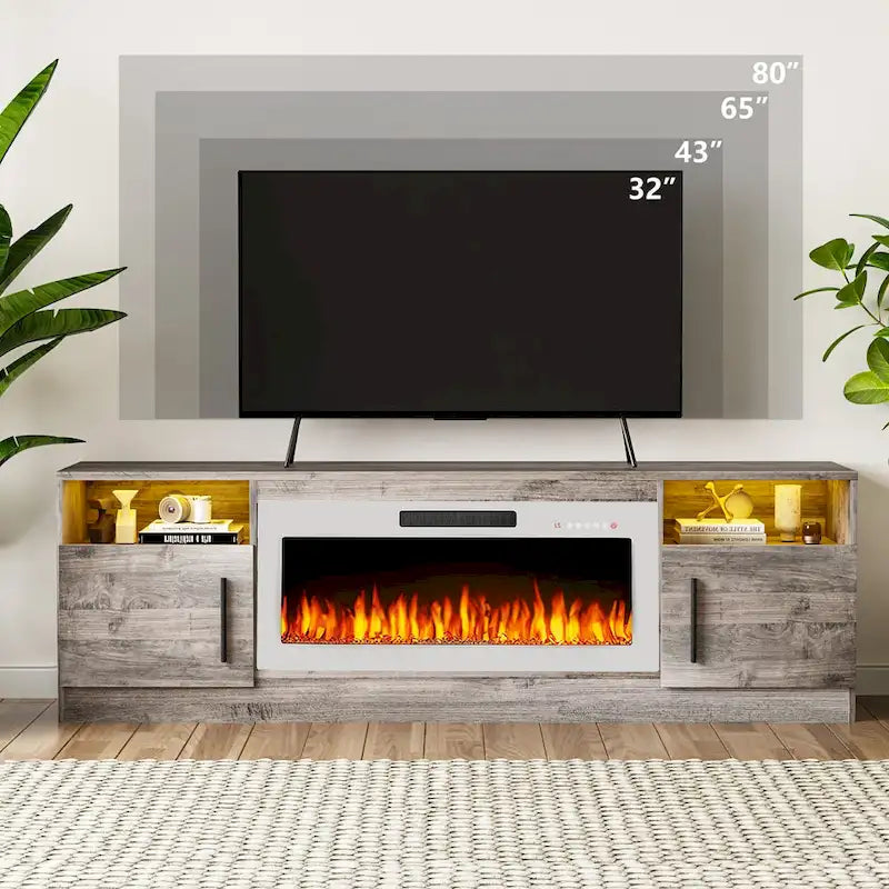 Meuble TV pour cheminée de 70 avec foyer électrique de 36, pour téléviseurs jusqu’à 80, éclairage LED à 16 couleurs/centre de divertissement