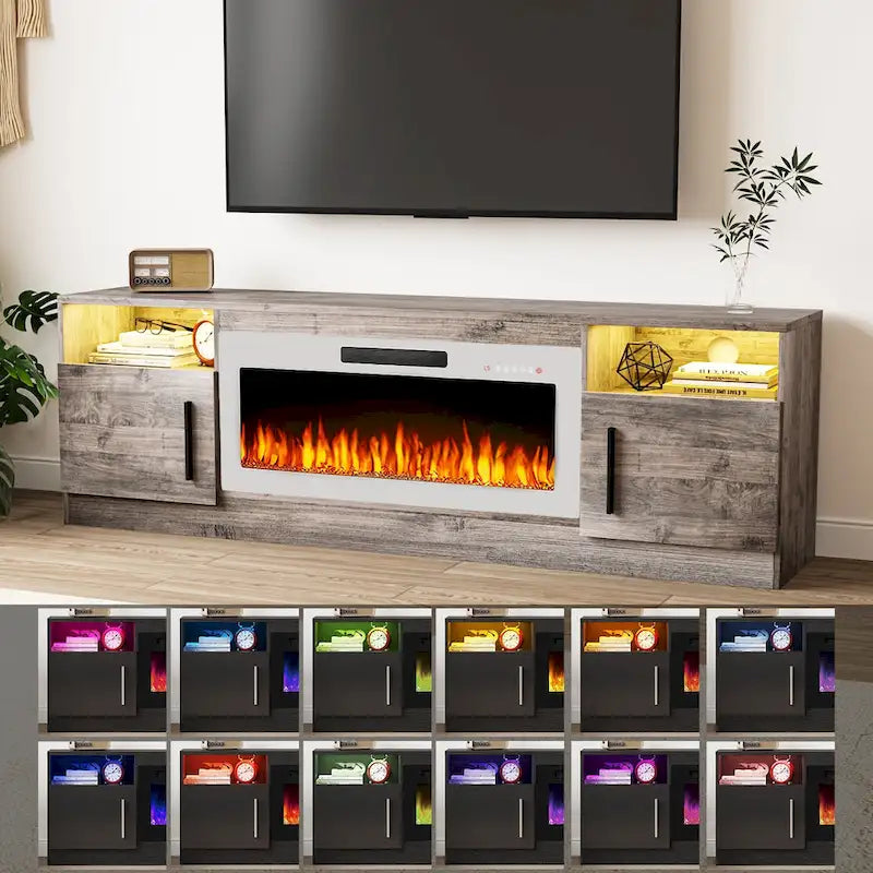 Meuble TV pour cheminée de 70 avec foyer électrique de 36, pour téléviseurs jusqu’à 80, éclairage LED à 16 couleurs/centre de divertissement