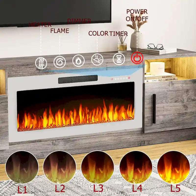 Meuble TV pour cheminée de 70 avec foyer électrique de 36, pour téléviseurs jusqu’à 80, éclairage LED à 16 couleurs/centre de divertissement