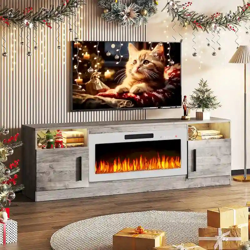 Meuble TV pour cheminée de 70 avec foyer électrique de 36, pour téléviseurs jusqu’à 80, éclairage LED à 16 couleurs/centre de divertissement