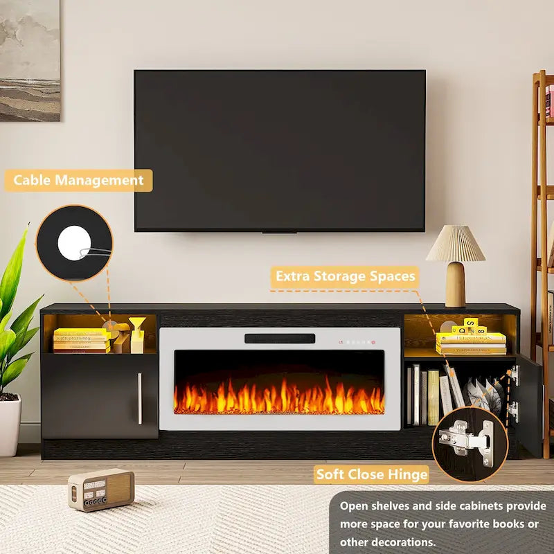 Meuble TV pour cheminée de 70 avec foyer électrique de 36, pour téléviseurs jusqu’à 80, éclairage LED à 16 couleurs/centre de divertissement