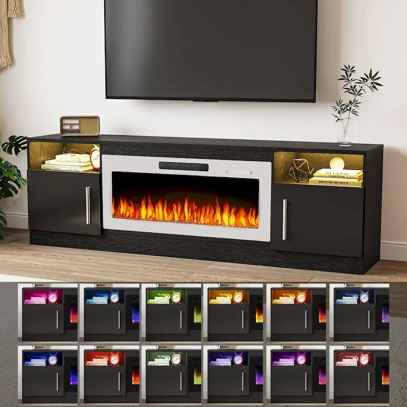 Meuble TV pour cheminée de 70 avec foyer électrique de 36, pour téléviseurs jusqu’à 80, éclairage LED à 16 couleurs/centre de divertissement