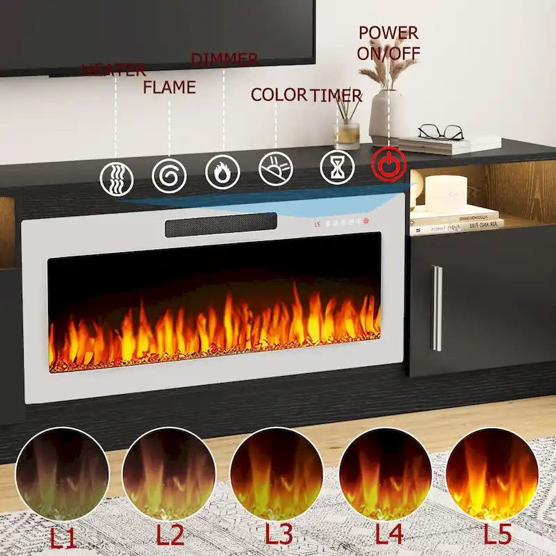 Meuble TV pour cheminée de 70 avec foyer électrique de 36, pour téléviseurs jusqu’à 80, éclairage LED à 16 couleurs/centre de divertissement
