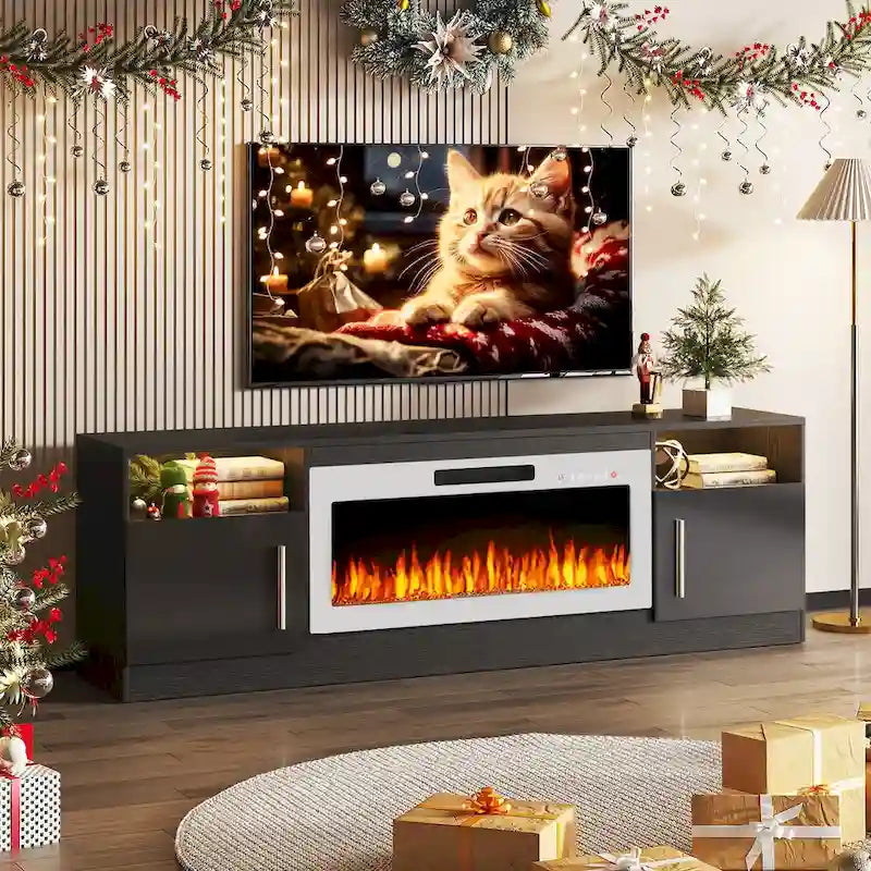 Meuble TV pour cheminée de 70 avec foyer électrique de 36, pour téléviseurs jusqu’à 80, éclairage LED à 16 couleurs/centre de divertissement
