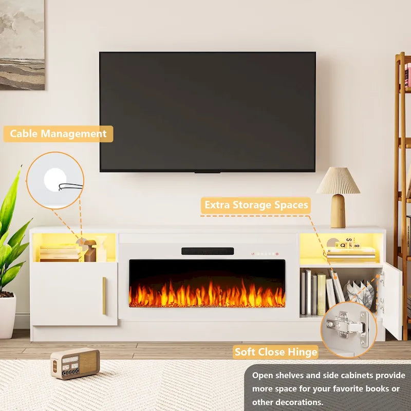 Meuble TV pour cheminée de 70 avec foyer électrique de 36, pour téléviseurs jusqu’à 80, éclairage LED à 16 couleurs/centre de divertissement
