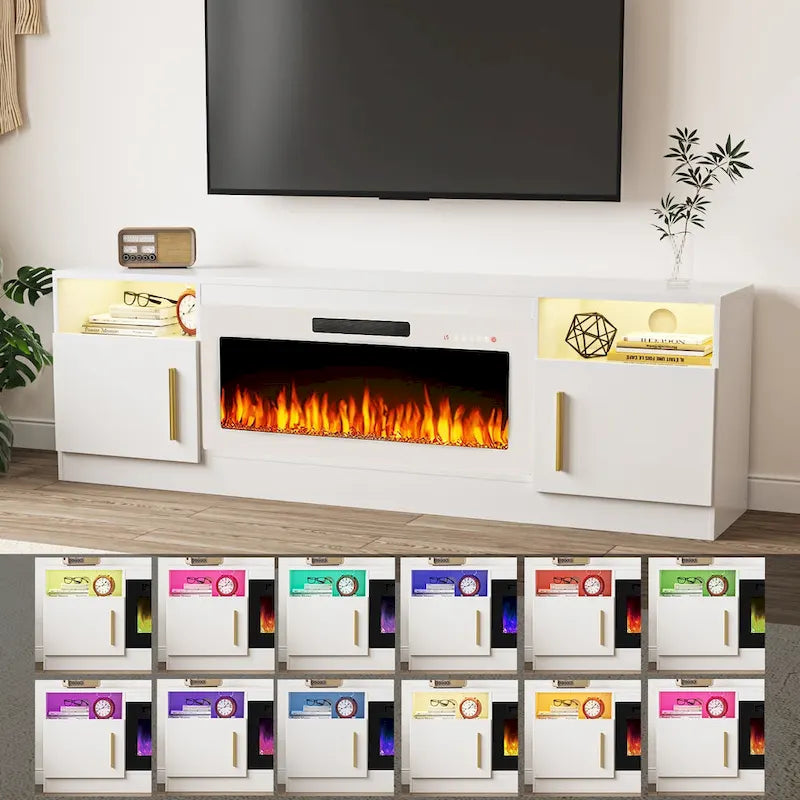 Meuble TV pour cheminée de 70 avec foyer électrique de 36, pour téléviseurs jusqu’à 80, éclairage LED à 16 couleurs/centre de divertissement