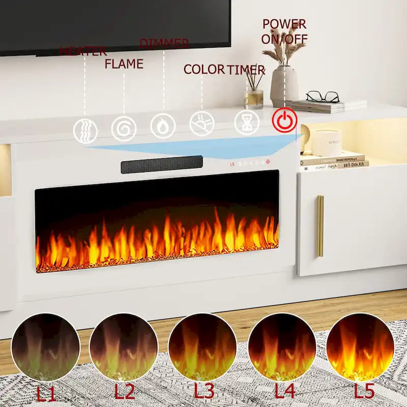 Meuble TV pour cheminée de 70 avec foyer électrique de 36, pour téléviseurs jusqu’à 80, éclairage LED à 16 couleurs/centre de divertissement