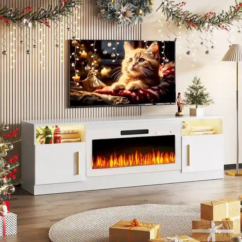 Meuble TV pour cheminée de 70 avec foyer électrique de 36, pour téléviseurs jusqu’à 80, éclairage LED à 16 couleurs/centre de divertissement