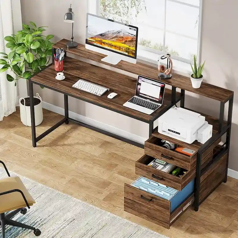 Computerschreibtisch mit 63 Monitorständer, ergonomischer Schreibtisch fürs Homeoffice mit Schubladen und Aktenschrank