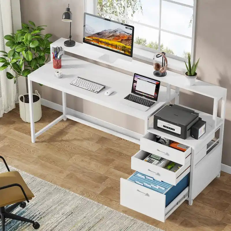 Computerschreibtisch mit 63 Monitorständer, ergonomischer Schreibtisch fürs Homeoffice mit Schubladen und Aktenschrank