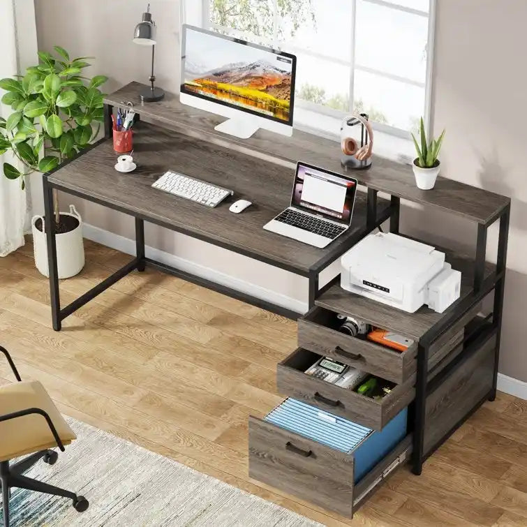 Computerschreibtisch mit 63 Monitorständer, ergonomischer Schreibtisch fürs Homeoffice mit Schubladen und Aktenschrank