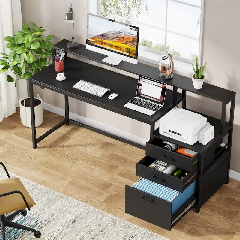 Computerschreibtisch mit 63 Monitorständer, ergonomischer Schreibtisch fürs Homeoffice mit Schubladen und Aktenschrank