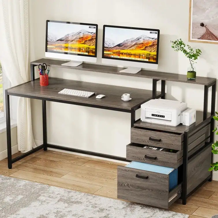 Computerschreibtisch mit 63 Monitorständer, ergonomischer Schreibtisch fürs Homeoffice mit Schubladen und Aktenschrank