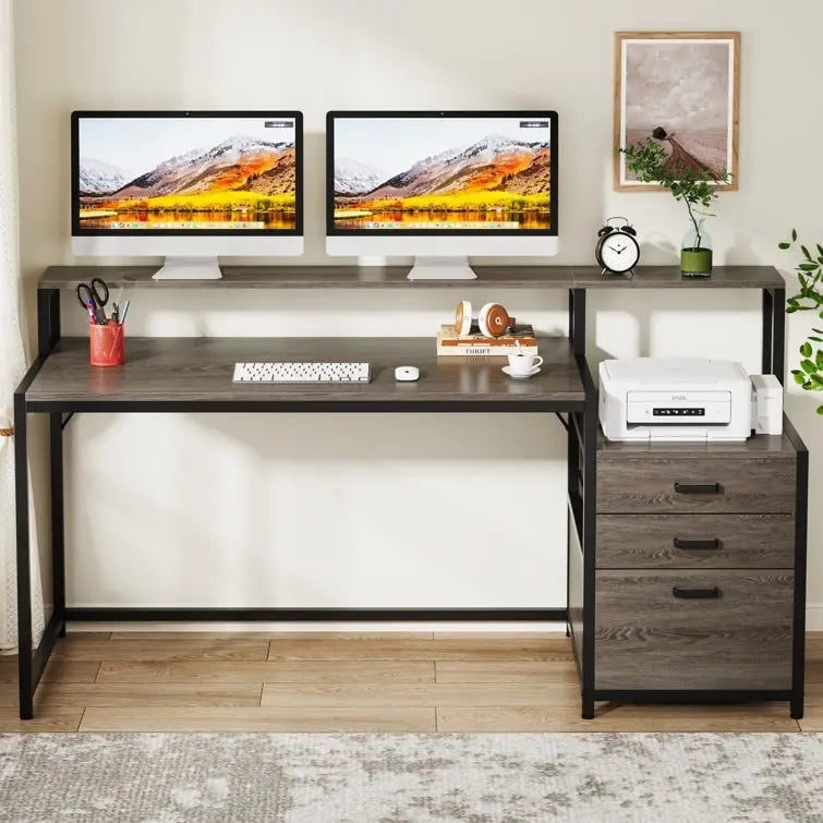 Computerschreibtisch mit 63 Monitorständer, ergonomischer Schreibtisch fürs Homeoffice mit Schubladen und Aktenschrank