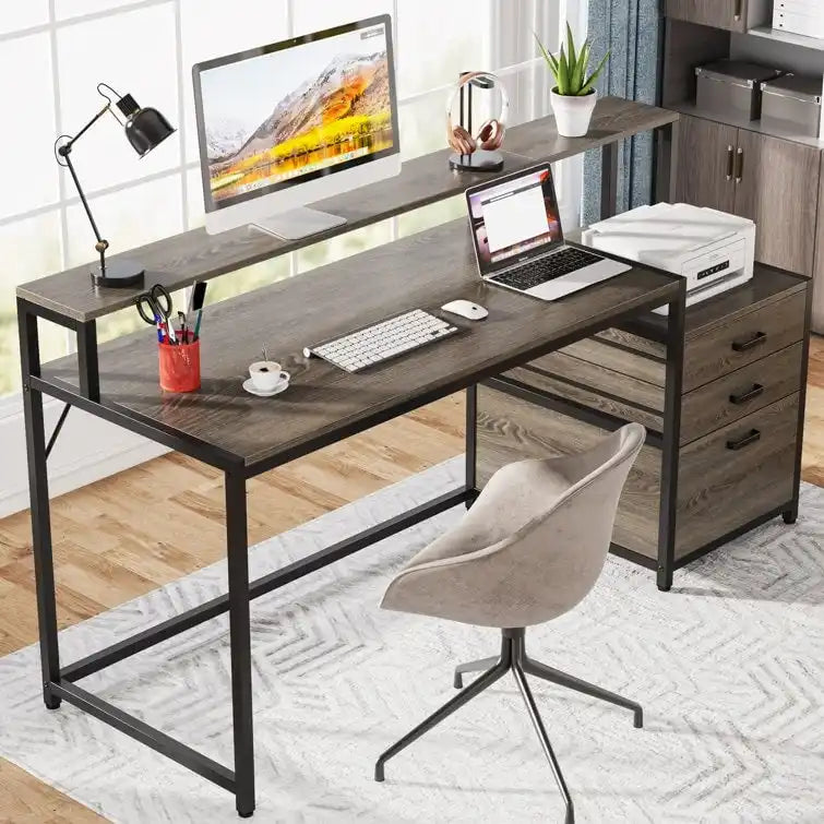 Computerschreibtisch mit 63 Monitorständer, ergonomischer Schreibtisch fürs Homeoffice mit Schubladen und Aktenschrank