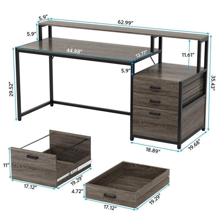 Computerschreibtisch mit 63 Monitorständer, ergonomischer Schreibtisch fürs Homeoffice mit Schubladen und Aktenschrank